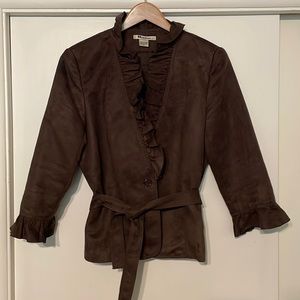 Nygard size 14 belted, brown suede-like jacket with ruffle & darts in back